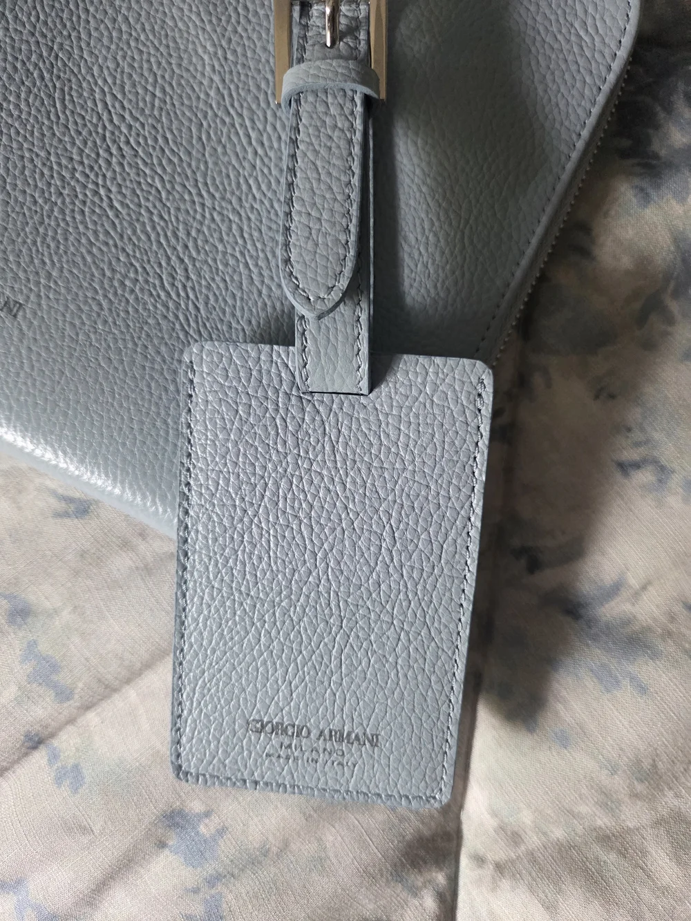 NEW Giorgio Armani Dusty Blue Pebbled Leather Travel Pouch with Luggage Tag